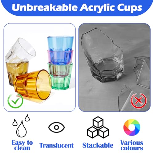 Plastic Drinking Glasses Set of 12, Unbreakable Coloured Water Tumbler, Acrylic Plastic Cups, Reusable Kids Drinking Cups for Children Kitchen Picnic Party Juice Whiskey Wine (12pc-6color-160ml/5.4oz) - color: 12pc-6color-160ml/5.4oz