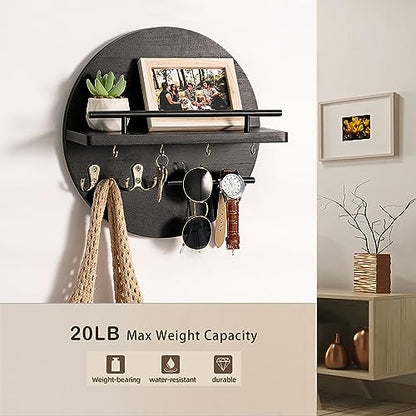 dreampossible Key Holder for Wall Decorative with Shelf and Hooks, Mail Organizer Wall Mount, Circular Design Entryway Key Rack Hanger, Rustic Home Decor (Black)