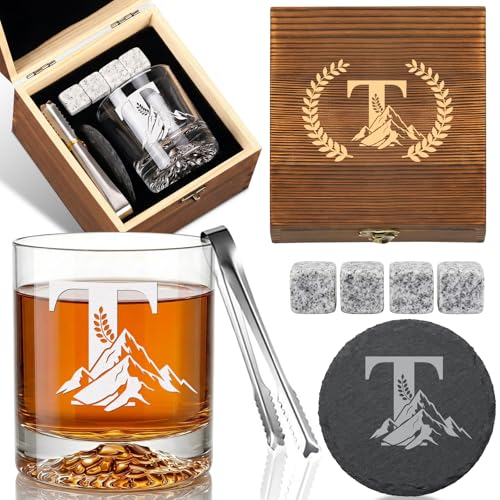 Personalized Whiskey Glass Gift Set for Men – Monogrammed Initial Rocks Glass with Slate Coaster, Wooden Box & Whiskey Stones, Birthday Father's Day for Him Dad Husband (T) - style: T