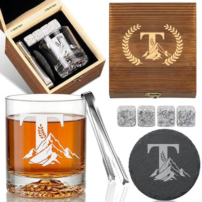 Personalized Whiskey Glass Gift Set for Men – Monogrammed Initial Rocks Glass with Slate Coaster, Wooden Box & Whiskey Stones, Birthday Father's Day for Him Dad Husband (T) - style: T