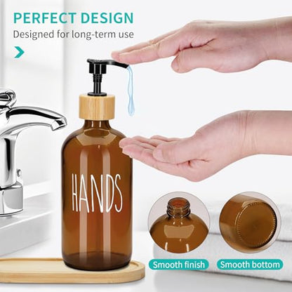 2 Pack 16 Oz Glass Soap Dispenser Set with Tray, Hand Dish Soap Dispenser Set for Bathroom and Kitchen Bottle Dispenser with Dish Soap, Hand Soap, Lotion (Amber（Hands） Amber (Dishes)) - color: Amber（hands） Amber (Dishes)