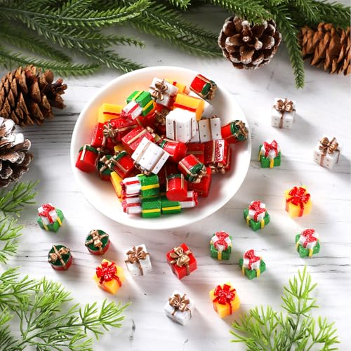 Bucherry 50 Pcs Miniature Gift Boxes Figurines Resin Charms DIY Craft for Garden Accessories Christmas Decoration Phone Case Making(Classic Style) - style: Classic Style