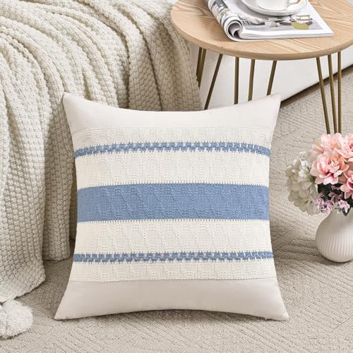 Fancy Homi Set of 1 Boho Light Blue Decorative Throw Pillow Cover 16x16 Inch for Couch Bed Sofa, Aesthetic Modern Organic Farmhouse Home Decor, Soft Cotton Cute Accent Macrame Woven Cushion Case - color: Light Blue, size: 16" x 16" (Pack of 1)