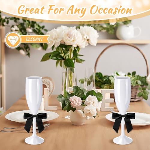 Zopeal Plastic Reusable Champagne Flute Glasses 6 oz and 50 Pcs Bow Set Acrylic Wedding Toasting Goblet 3.5" Bow Unbreakable Wine Cup for Bachelorette Bridal Shower Party(White and Black) - color: White/Black