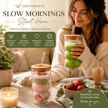 HAPPY PATH & CO. 2 Double Wall Glass Cups with Lids and Straws 16oz (480ml) - Glasses Drinking Set | Glass Tumbler with Bamboo Lid | Ribbed Bubble Glass Cups for Matcha, Coffee and Other Smoothies