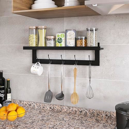 SMIBUY Coat Hooks with Shelf Wall-Mounted, 29.2 Inch Entryway Coat Rack for Wall, Bamboo Hanging Shelf with 5 Double Metal Hooks for Bathroom, Bedroom, Kitchen, Living Room, Mudroom (Black) - color: Black