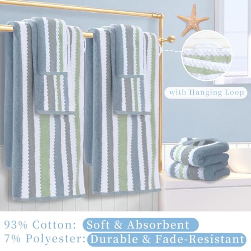 Waffle Towels for Bathroom - Quick Dry | Thick | Lightweight | 500GSM, 2 Bath 28"x52", 4 Hand 16"x27", Cotton Polyester Blend Towels, Shower Towel with Hanging Loops, Navy Grey Green Stripe and White - color: Navy+gray+green+white, size: 6 PCS Towel Set