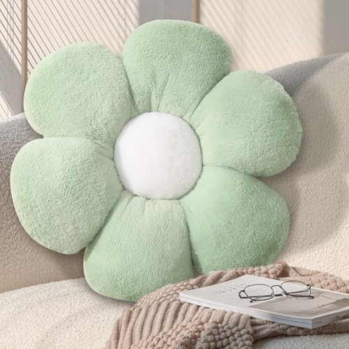 KUCCO Sage Green Flower Pillow, Daisy Shaped Throw Pillow, 17.7 Inch | Soft Plush Sage Green Flower Pillow, Floral Seating Cushion, Cute Floor Pillow for Bedroom, Living Room - color: Green