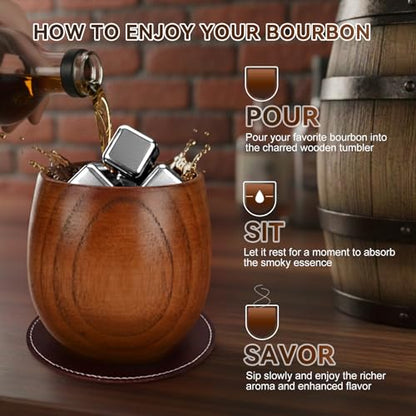 Charred Wooden Bourbon Drinking Glass Wooden Whiskey Glasses Set of 2 Complete Whiskey Gift Set Old Fashioned Glass Bourbon Gifts for Men (2 Pack Charred) - style: 2 Pack Charred