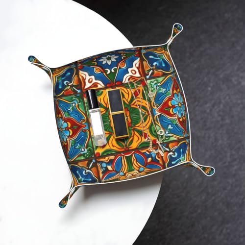 Leather Valet Tray Desktop Storage Organizer Travel Storage Dish Plate | Mexican Ceramic Tile Valet Organizer Personalized Catchall Tray For Jewelry, Wallets, Watches, Keys, Gift
