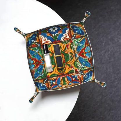 Leather Valet Tray Desktop Storage Organizer Travel Storage Dish Plate | Mexican Ceramic Tile Valet Organizer Personalized Catchall Tray For Jewelry, Wallets, Watches, Keys, Gift