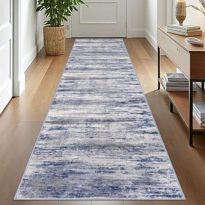 KOZYFLY Modern Abstract Washable Rug Runner 2.6x10 Hallway Rug Runner Non-Slip Soft Kitchen Runner Rugs, Grey-Blue Striped Carpet for Entryway Bathroom Laundry Room Foyer - color: Blue-grey, size: 2'8" x 10' (Runner)