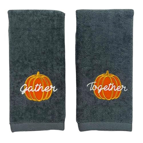 Thanksgiving Fall Harvest Embroidered Guest Fingertip Towels: Orange Gold White Gather Together Pumpkin on Plush Grey Gray, 2 Piece Set, 12" x 18" Inch Oeko-TEX Certified - color: Gather