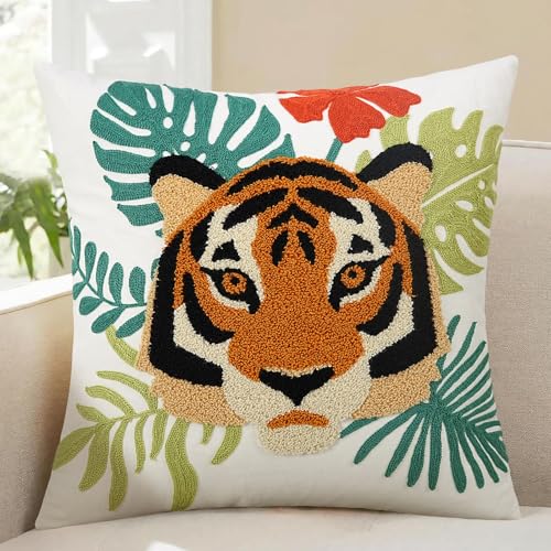 Merrycolor Embroidered Pillow Covers18x18 Inch Decorative Throw Pillow Cover with Animal and Flower Aesthetic Design Bohemian Pillowcases for Spring/Summer Living Couch Sofa Bed Room Decor Tiger - color: Green and Red