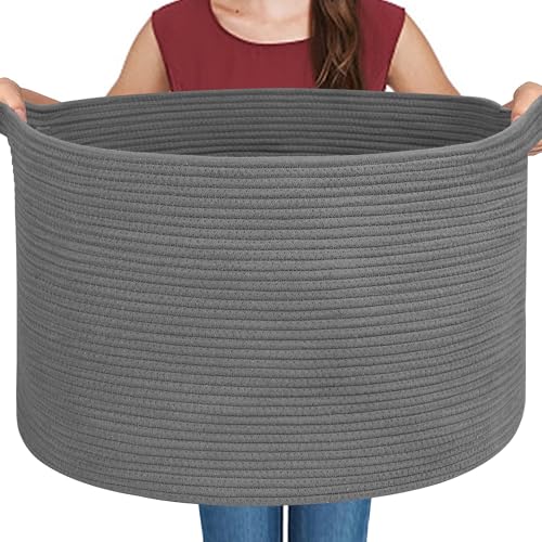 Large Dark Grey Storage Basket, Woven Cotton Rope Baskets for Storage, Big Blanket Organizer Storage Basket for Living Room, Kids Room Toy Storage Organizer Box, Blanket Keeper (22"x14") - color: Dark Gray, size: 22"x22"x14"