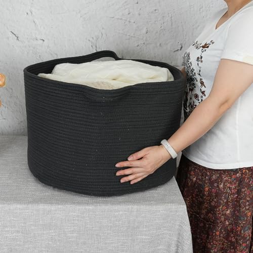 XUANGUO Extra Large Cotton Rope Round Storage Basket 22" x 14" Black | Woven basket for blankets, toys, towels, laundry, nursery, living room and pet toy storage. - color: black