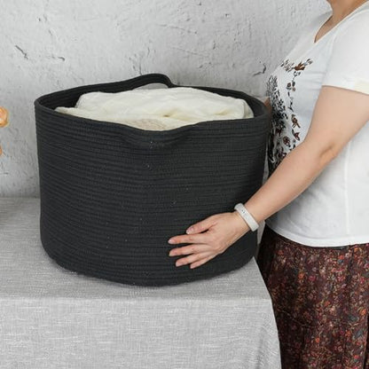 XUANGUO Extra Large Cotton Rope Round Storage Basket 22" x 14" Black | Woven basket for blankets, toys, towels, laundry, nursery, living room and pet toy storage. - color: black
