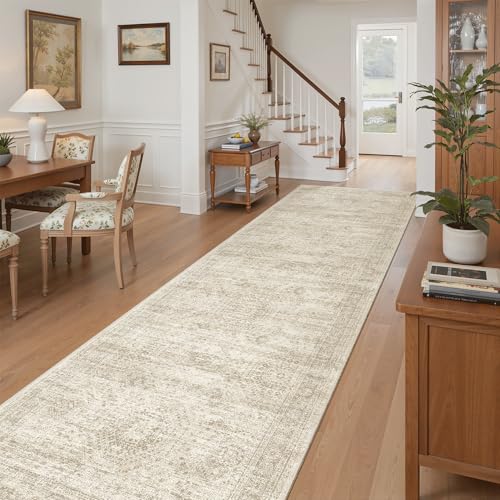 Soalmost Washable 3x10 Hallway Runner Rug Non-Slip Kitchen Entry Rugs Beige | Vintage Long Runners 10ft for Bathroom Laundry Room, Foldable Low-Pile Wide Floor Carpet Mat for Entryway Corridor Bedroom - color: Beige, size: 3' x 10' (Runner)