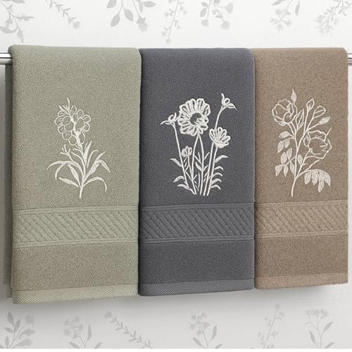 Fanfanwin 3 Pcs Boho Floral Hand Towels Bathroom Decor Retro Embroidered Botanical Towels 100% Cotton Minimalist Floral Decorative for Bathroom Kitchen Vintage Farmhouse Decor, 14'' x 29'' - color: Blue, Green, Brown, style: Floral