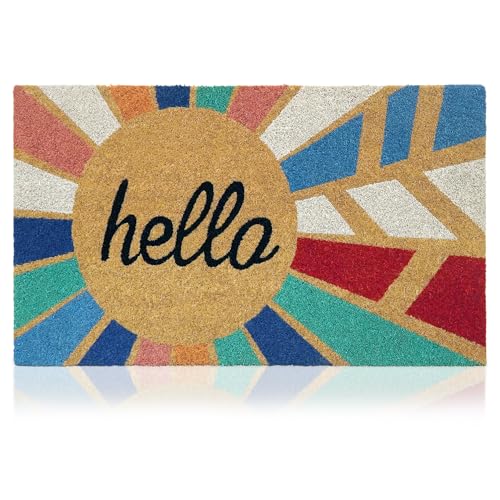 Coir Welcome Mat, Non-Slip, Hello Colorful, 17 x 29 in | 100% Natural Coir, Anti-Shedding, Durable PVC Backing, Traps Dirt and Mud, Indoor and Outdoor Entryway, Easy to Clean - color: Hello Colorful, size: 2'5" x 1'5" (Rectangular)