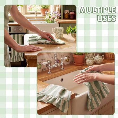 Sage Green Striped Kitchen Towels Set of 2, 100% Cotton Ruffled Striped Dish Towels 18"x31" Absorbent Tea Cloths Classic Pattern for Farmhouse Charm, Drying Dishes, Entertaining Guests - color: Green