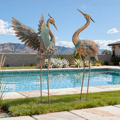 36.8" Metal Crane Garden Statue, Extra-Large Heron Yard Art | Handcrafted Blue Heron with U-ground Stakes for Stability. Weatherproof Iron Bird Art for Backyard, Lawn, Pond, or Patio. - color: 36" -Weathered Copper Blue