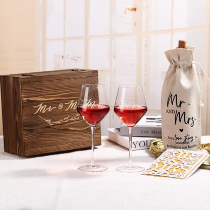 2026 Mr & Mrs Wine Glasses Gift Set with Memory Box,Wine Bag, Greeting Card – Engagement, Wedding & Newlywed Gifts for Couples, Just Engaged Gifts for Women - style: Mr & Mrs + Box + Bag & Card