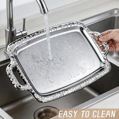 Ipetboom Silver Serving Tray 15.35 X 9.05 X 0.66 in Rectangle Bread Tray with Handles Kitchen for Dining Table Home Serving Plate Food Storage and Tableware Use
