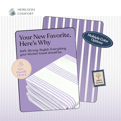 Lavender Stripe Kitchen Towels, 3 Pack, 100% Cotton, Super Absorbent and Quick Dry, Multi Pin Striped Towel Set, Durable Dish Cloths for Kitchen Use, Cleaning & Drying Dishes - color: Lavender, style: 3 Pack