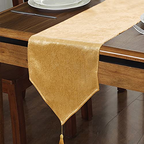 Faux Linen Sparkly Spring Gold Table Runner with Tassels 14x51 Inch Dresser Scarf Graduation Table Runner for Home Bedroom Party Birthday Wedding Bridal Baby Shower - color: Brilliant Faux Linen With Tassels- Gold, size: 51"x14"-1Pc