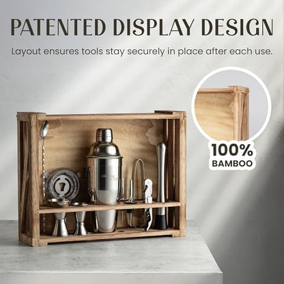 Mixology & Craft Rustic Cocktail Shaker Set – Includes Wood Stand, Complete Barware Kit with 24 Oz Shaker, Dual Jiggers, Pourers, Muddler, Strainer – Perfect for Home Bartenders (Silver) - color: Silver
