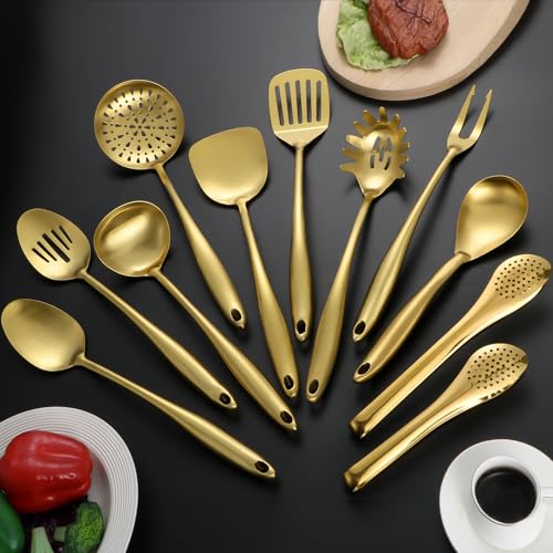 304 Stainless Steel Matte Kitchen Utensils Set, 11 Pcs Long Metal Cooking Utensils Set, Gold Cooking Utensils Set, Dishwasher Safe - size: 11Pcs-Gold