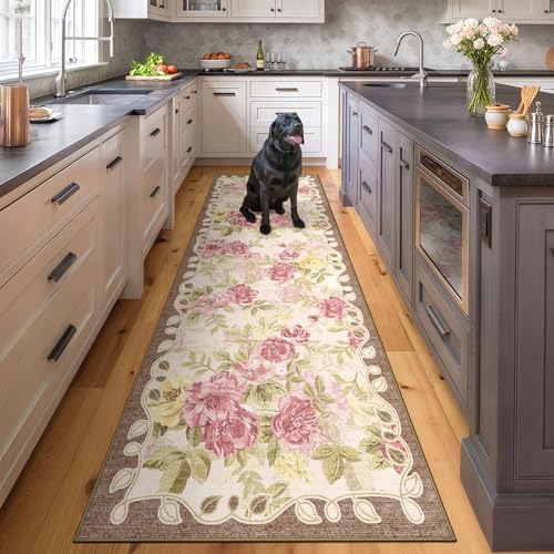 Washable 2.6x8 Runner Rug, Cream Boho Floral Non-Slip for Hallway, Kitchen | Soft Low-Pile Faux Wool Area Rug for Bedroom, Nursery, Bathroom, Laundry, Kid & Pet Friendly, Stain, Fade & Wear Resistant - color: Dusty Pink, Cream and Sage Green, size: 2'7" x