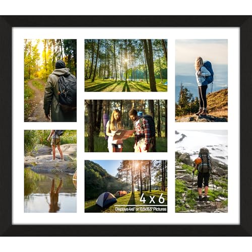 4x6 Picture Frame Collage 7 Openings, Black Wood Frame, White Mat | Holds 7 4x6 Photos, 13.5"x15.5" Multi Photo Collage Frame Wall Decor Wooden, Horizontal & Vertical, Wall Mount - color: Black Frame & White Mat, size: 7 Openings (13.5x15.5) - 4x6"