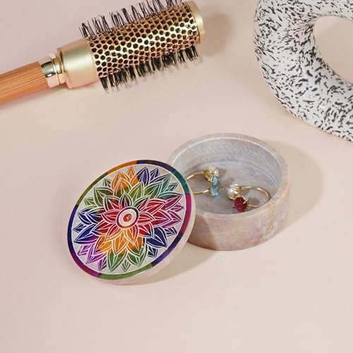 Ajuny Small Jewelry Box Handmade Marble Soapstone Mandala Trinket Holder | Handcarved Round Container for Rings, Keepsakes, Dresser Accent, Shelf Display, and Gifting 3 x 3 x 1.2 inch