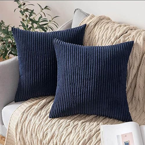 18x18 Throw Pillow Covers Pack of 2, Soft Corduroy Striped Boho Throw Pillow Covers,Cushion Case,Decorative Pillow Covers for Living Room Home Decor Cushion Farmhouse - color: Dark Blue