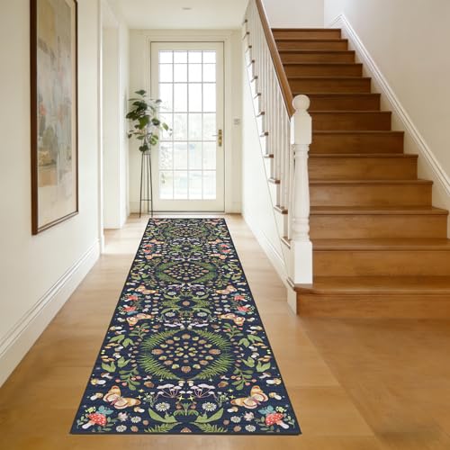 2x8 Washable Kitchen Rugs Runner - Soft Butterfly Runners for Hallway Non Slip with Rubber Backing Ultra Thin Indoor Long Floor Mat Carpet for Bedroom Laundry（Black Blue，2x8） - color: Black Blue, size: 2' x 8' (Runner)