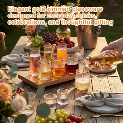 Remerry 48 Pack Stemless Plastic Wine Glasses 9 oz & 12 oz Disposable Champagne Flutes Cups Shatterproof Toasting Cocktail Glasses for Weddings, Bars, Events(Clear Ripple with Gold Rim) - style: Clear Ripple with Gold Rim