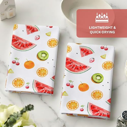 Flour Sack Kitchen Towels - Set of 2 Summer Dish Towels with Hanging Loop 16x26 Inch Absorbent Reusable Cotton Cloths for Cleaning, Cute Design Housewarming Gift - Melon Hue