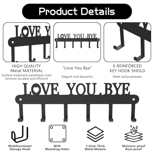 Key Holder for Wall - 'Love You Bye' Key Hooks, Black, 6 Hooks | Key Holder Wall Mount Self Adhesive, Key Rack Wall Mount for Wall No Drill for Living Room, Kitchen, Bathroom, Garage - color: Love You Bye' Black