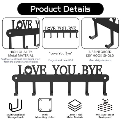 Key Holder for Wall - 'Love You Bye' Key Hooks, Black, 6 Hooks | Key Holder Wall Mount Self Adhesive, Key Rack Wall Mount for Wall No Drill for Living Room, Kitchen, Bathroom, Garage - color: Love You Bye' Black