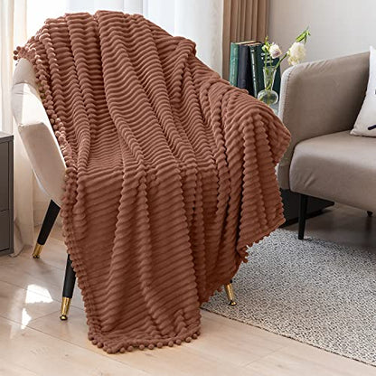 DISSA Fleece Blanket Throw Size – 51x63, Caramel – Soft, Plush, Fluffy, Fuzzy, Warm, Cozy – Perfect Throw for Couch, Bed, Sofa - with Pompom Fringe - Flannel Blanket Throw Blanket - color: Caramel, size: 51x63"