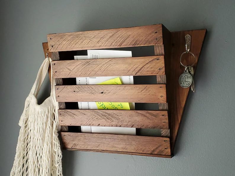 Rustic Wood Wall Mount Mail Organizer with Hooks, Farmhouse Wooden Wall Letter Holder, Key Holder Mail Sorter for Entryway, Kitchen, Office, Home Decor