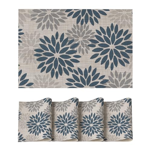 Artoid Mode Floral Vinyl Placemats Set of 4, Heat Resistant Washable Non-Slip Plastic PVC Place Mats for Party Kitchen Dining Decor, Blue Grey - color: Blue/Gray, size: 12" x 18", Rectangular Set of 4