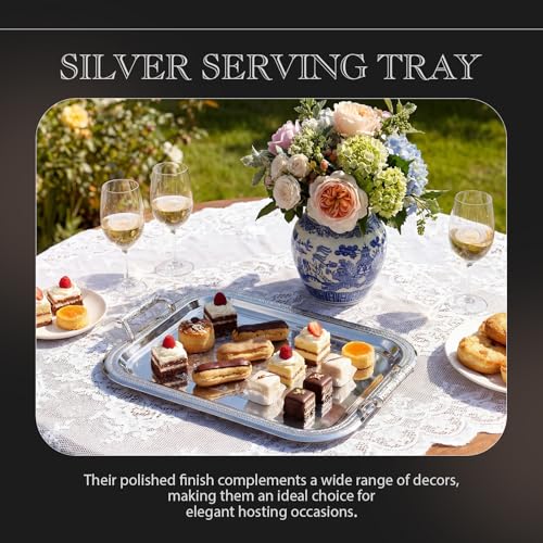 Rtteri Silver Serving Trays with Handles Rectangle Stainless Steel Metal Plate 16.1 x 11.4 Mirror Tray for Cake Cookies Snacks Desserts Fruit Ottoman Coffee Table Living Room Whiskey Table Decor