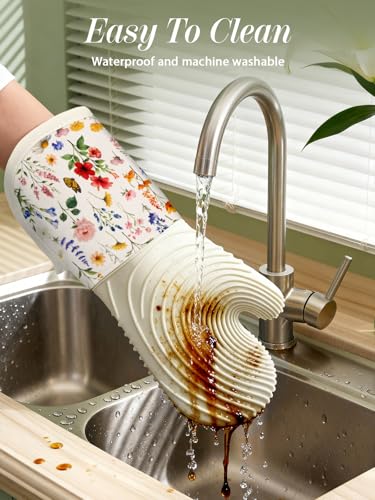 Slohif Long Silicone Oven Mitts Heat Resistant for Women - 2 Pcs Red Flower 100% Cotton Oven Gloves, Non-Slip and Waterproof Silicone Oven Mitts with Hanger for Baking and Cooking - color: White Red