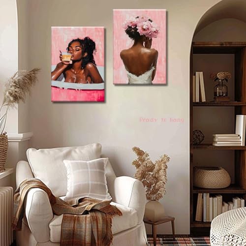 Framed modern abstract African American women's wall Art (Set 2), canvas high-definition printing, Bohemian black girl bathtub coffee fashion with pink flower on her head Black woman picture, living room, bedroom, bathroom, office decoration, 16x24 inches