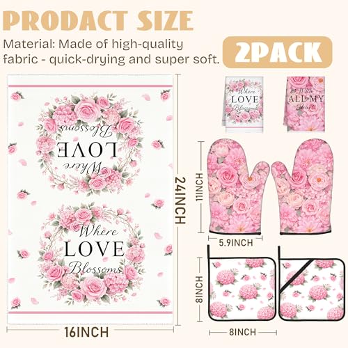 Pink Floral Kitchen Towel and Oven Mitt Set, 6 Piece Rose Floral Farmhouse Kitchen Accessories, Waterproof Heat Resistant Decor for Women