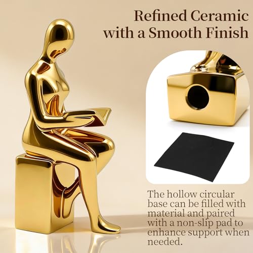 Decorative Bookends Set, Ceramic Book Ends for Shelves, Home Office Aesthetic Book Stopper, Reading Book Holder Statues for Bookshelf Bedroom Living Room Decor (Gold)