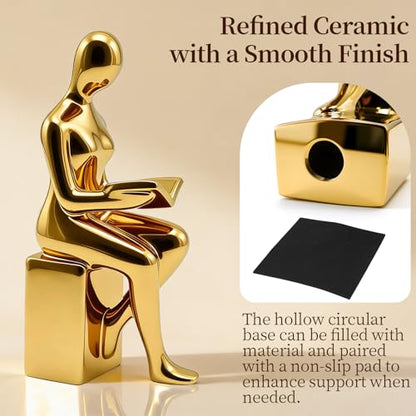 Decorative Bookends Set, Ceramic Book Ends for Shelves, Home Office Aesthetic Book Stopper, Reading Book Holder Statues for Bookshelf Bedroom Living Room Decor (Gold)